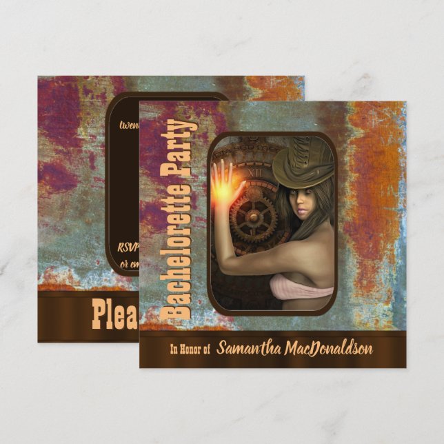 Invitation soirée de bachelorette à thème Steampunk (Devant / Derrière)