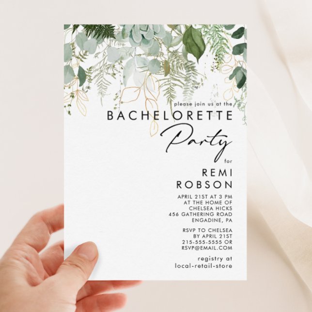 Invitation Soirée de Bachelorette verte et Feuille d'or (Créateur téléchargé)