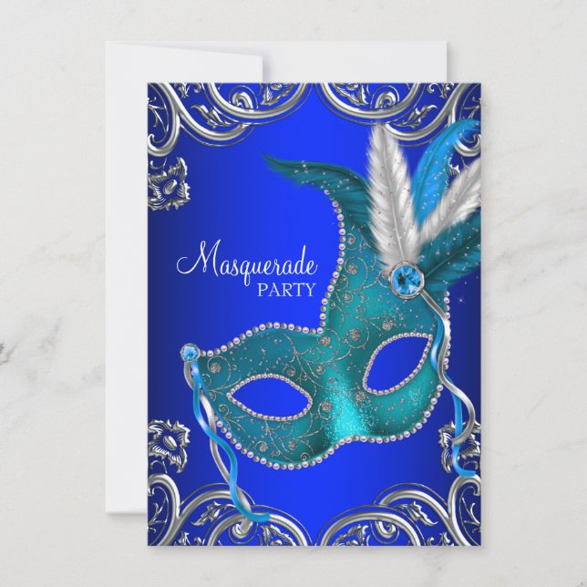 Invitation Soirée de bal masqué bleu royal et bleu sarcelle (Devant)