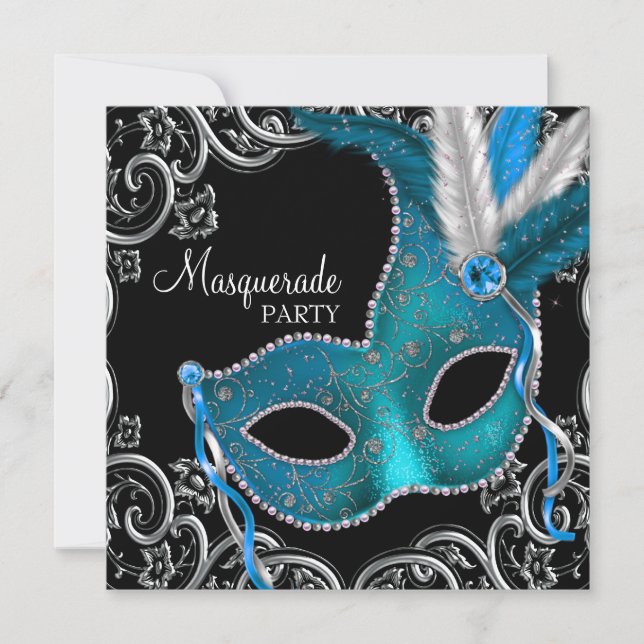 Invitation Soirée de bal masqué Bleu sarcelle Noir (Devant)