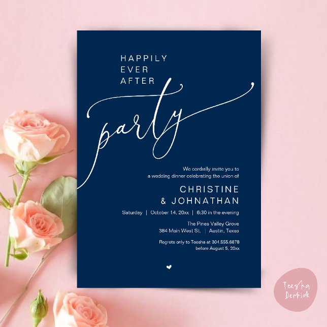 Invitation "Soirée de bonheur éternel" Dîner de mariage moder ("Happily Ever After Party" Modern Wedding Dinner reception Invitation card in navy blue)