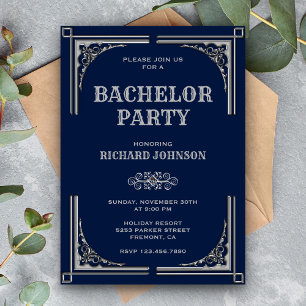 Invitation Soirée de célibataire Art Déco Bleu Argenté