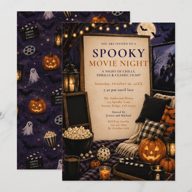 Invitation Soirée de cinéma d'Halloween effrayante (Devant / Derrière)