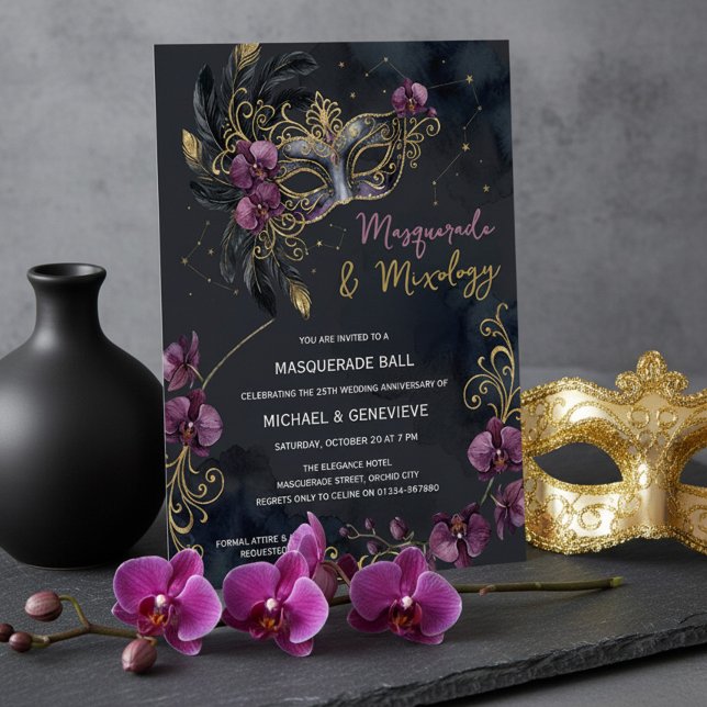 Invitation Soirée de Cocktail d'Halloween Mascarade et Mixolo (Masquerade & Mixology, masked cocktail ball invitation by Darling & May (printed or digital))