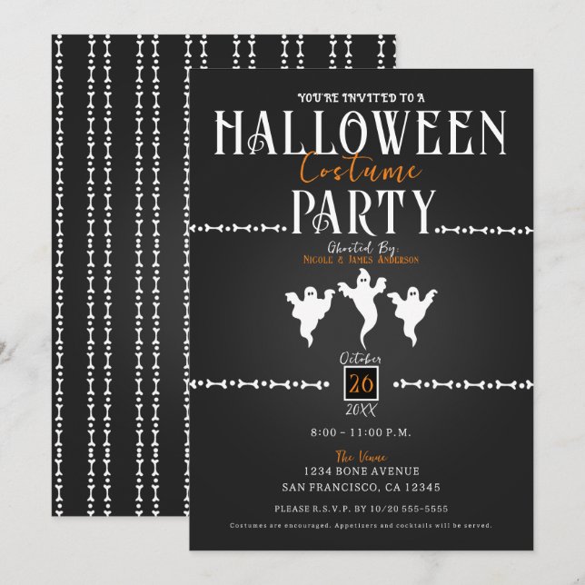 Invitation Soirée de costumes d'Halloween Fantômes et Os (Devant / Derrière)