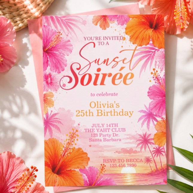 Invitation Soirée de coucher de soleil Anniversaire tropical, (Créateur téléchargé)