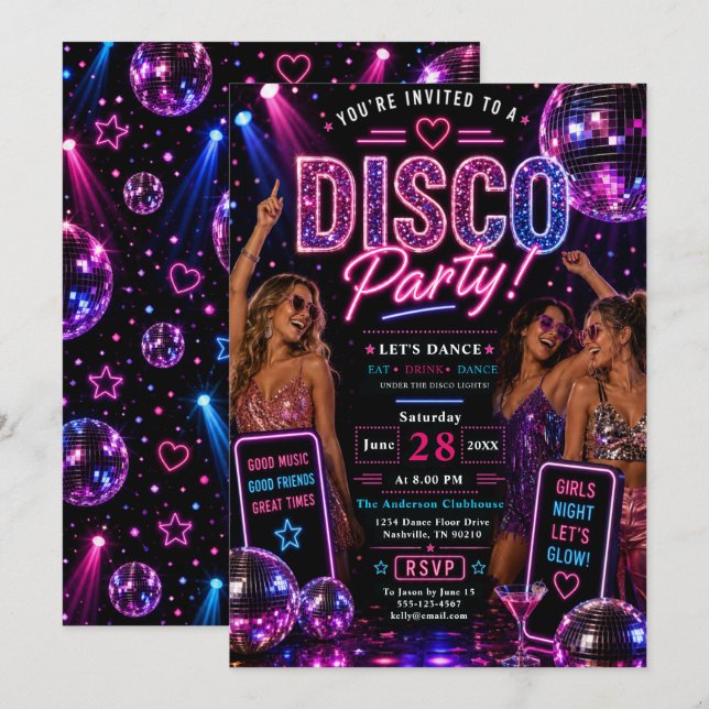 Invitation Soirée de danse néon disco (Devant / Derrière)