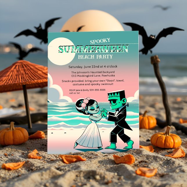 Invitation Soirée de danse rétro sur la plage Frankenstein Su (Spooky Summerween beach monster Summer dance party Frankenstein in pastel retro cartoon style.)