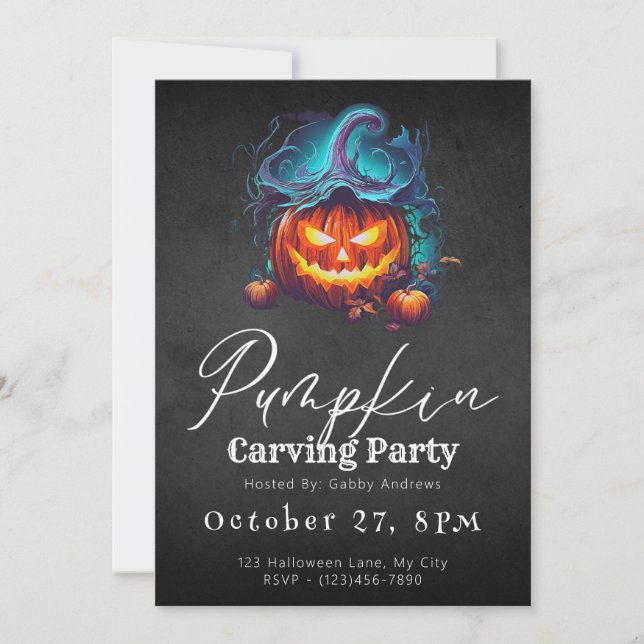 Invitation Soirée de découpage de citrouille noire Jack-O' La (Devant)