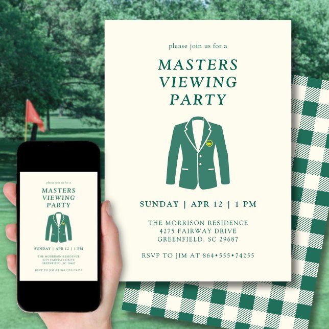 Invitation Soirée de diffusion du tournoi de golf Masters ave (Elegant design inspired by the iconic green jacket for your Masters watch party.)