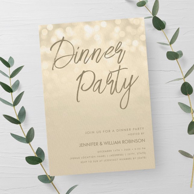 Invitation Soirée de dîner de Champagne doré Script Lumières  (Gold Champagne Lights Script Dinner Party Invitation)