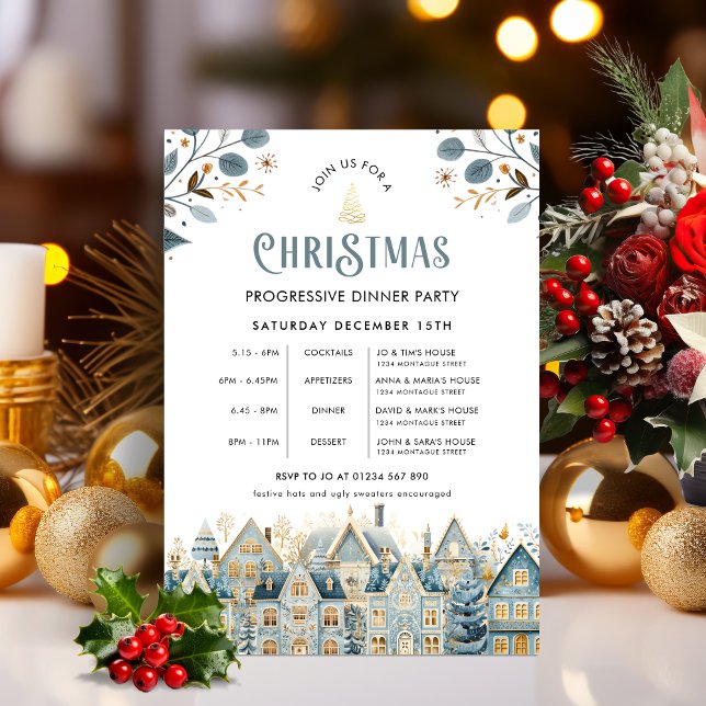 Invitation Soirée de dîner de Noël progressif Scandi Bleu (Progressive Dinner Invitation )
