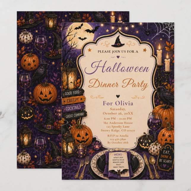Invitation Soirée de dîner effrayante d'Halloween (Devant / Derrière)