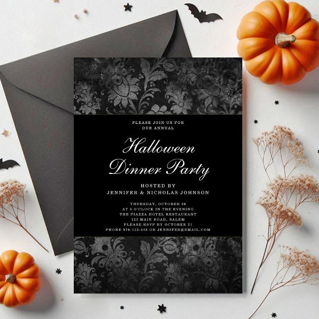 Invitation Soirée de dîner Halloween en damas noir gothique (Gothic Black Damask Halloween Dinner Party Invitation)