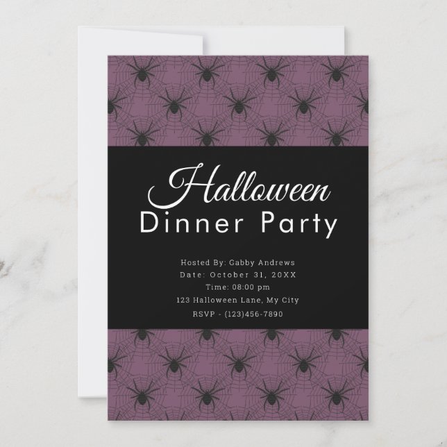 Invitation Soirée de dîner Halloween Toiles d'araignée violet (Devant)