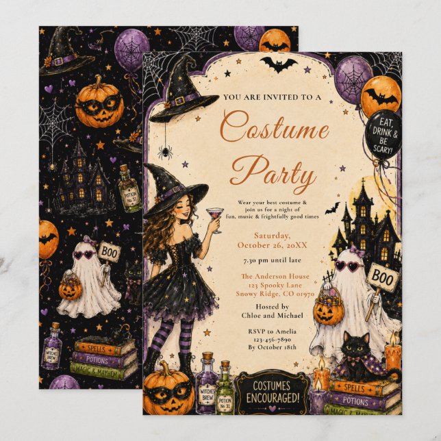Invitation Soirée de fête en costumes d'Halloween (Devant / Derrière)