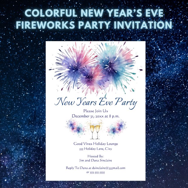 Invitation Soirée de feu d'artifice du Nouvel An (Colorful New Year’s Eve Fireworks Party Invitation – Easy to Personalize)