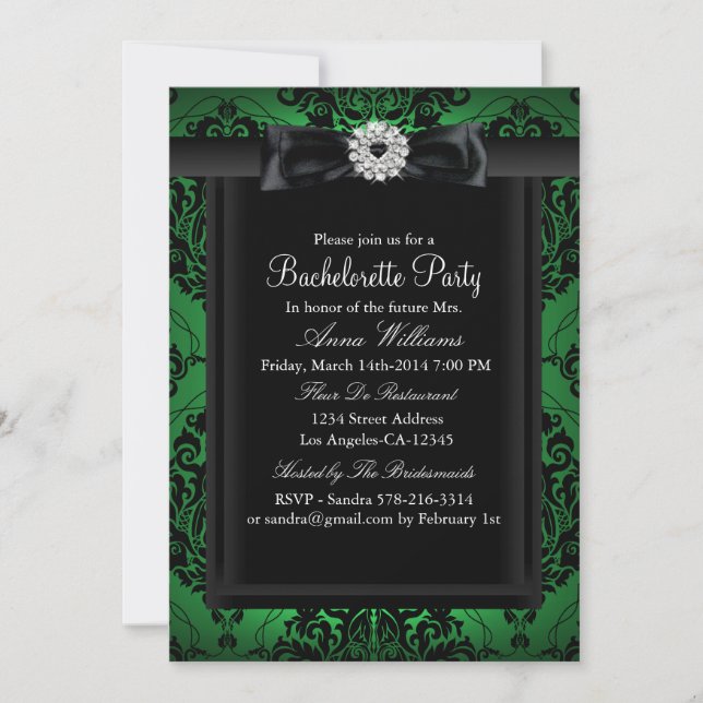 Invitation Soirée de Fiançailles Green & Black Chic Damassé (Devant)