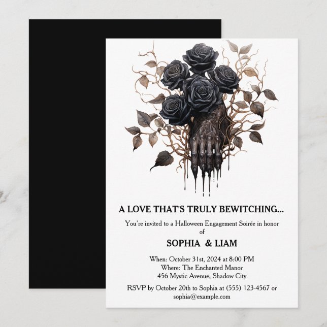 Invitation Soirée de Fiançailles Halloween Black Roses (Devant / Derrière)