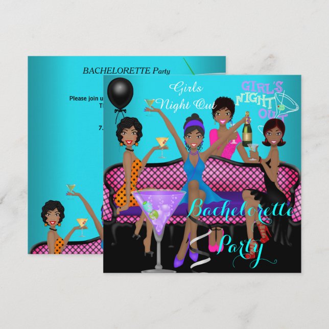 Invitation Soirée de Filles Teal Rose Amusant Filles Cocktail (Devant / Derrière)