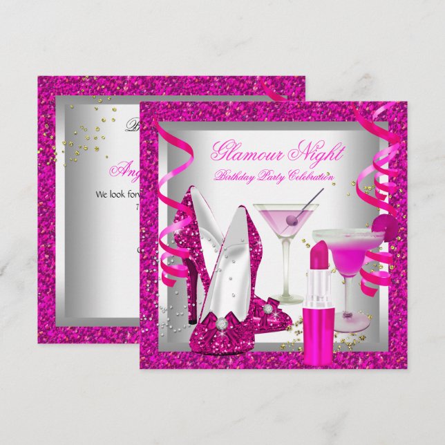 Invitation Soirée de Glamour Rose Pailleté Martini Fête (Devant / Derrière)