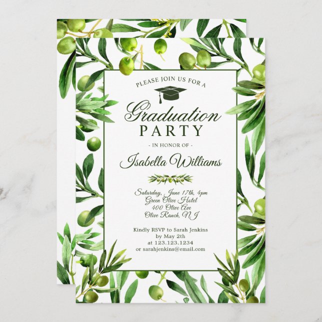 Invitation Soirée de Graduation du Jardin Olive Boho Elégant (Devant / Derrière)