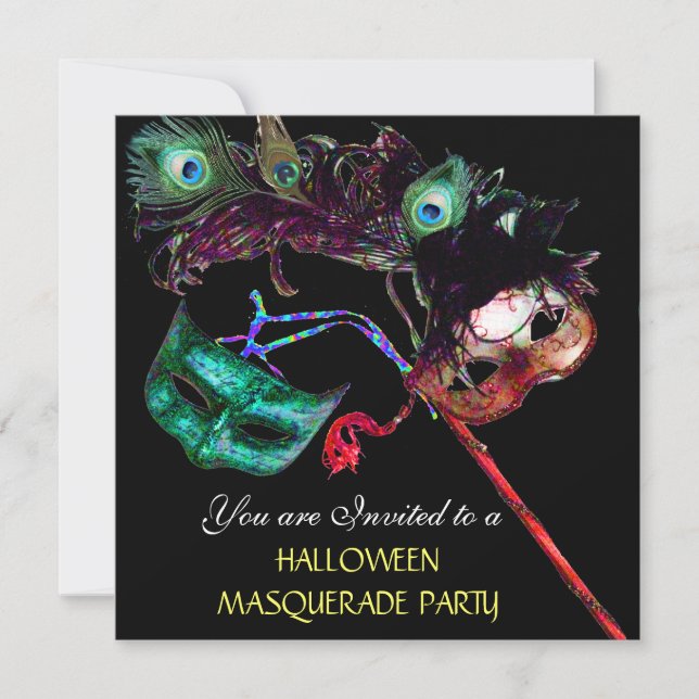 Invitation SOIRÉE DE HALLOWEEN EN MASQUE, Noir blanc bleu (Devant)