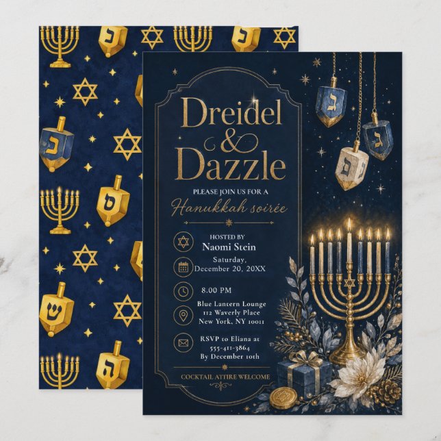 Invitation Soirée de Hanukkah Dreidel & Dazzle (Devant / Derrière)