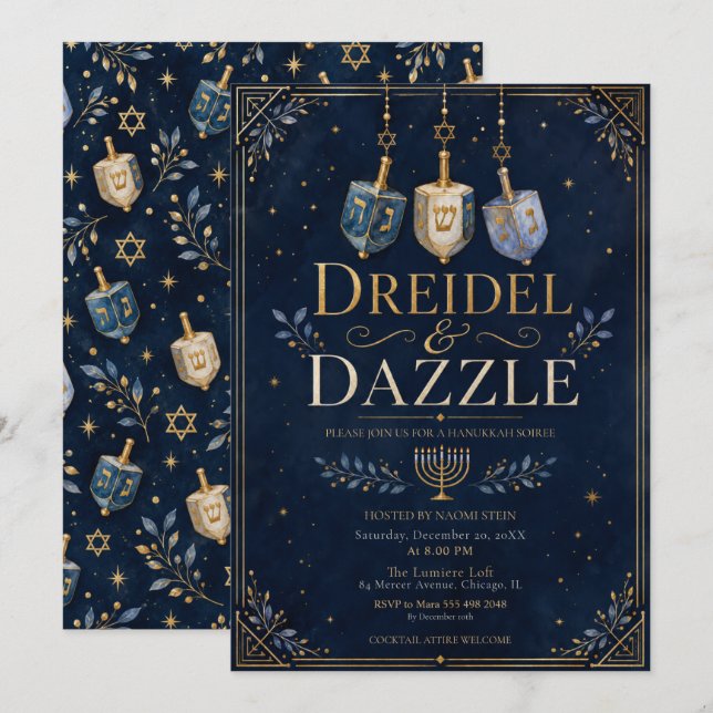 Invitation Soirée de Hanukkah Dreidel & Dazzle (Devant / Derrière)