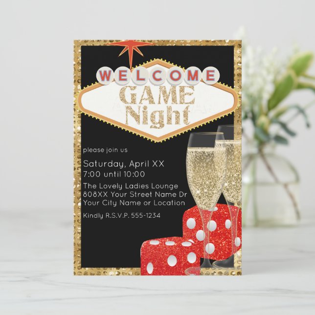 Invitation Soirée de jeu dés paillettes rouges et champagne n (Debout devant)