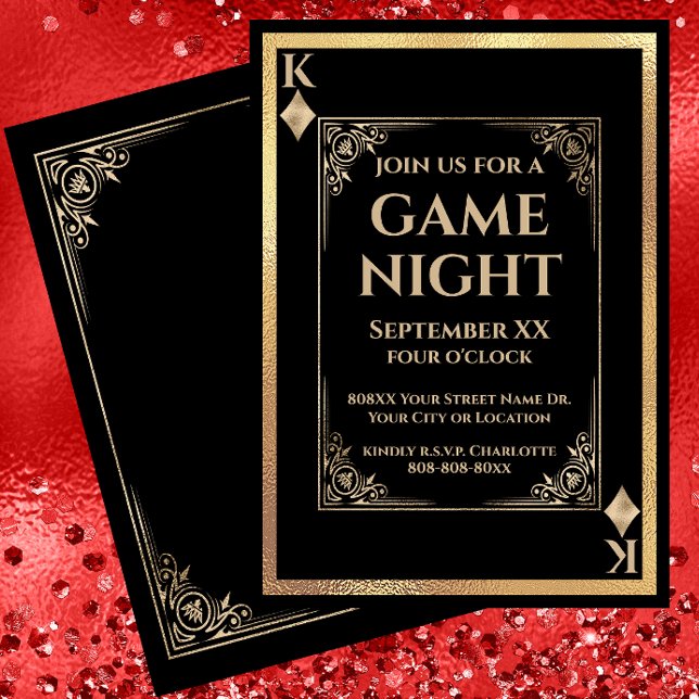 Invitation Soirée de jeu Roi de Carreaux Noir et Or (Créateur téléchargé)