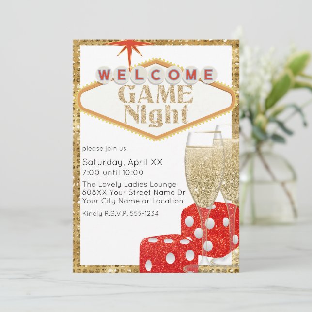 Invitation Soirée de jeu Vegas Red Glitter Dice & Champagne (Debout devant)
