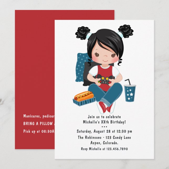 Invitation Soirée de jeu vidéo pour filles, soirée pyjama (Devant / Derrière)