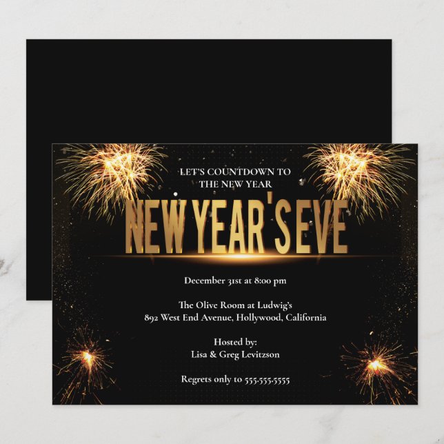 Invitation Soirée de l'Elegant Gold & Black New Years (Devant / Derrière)