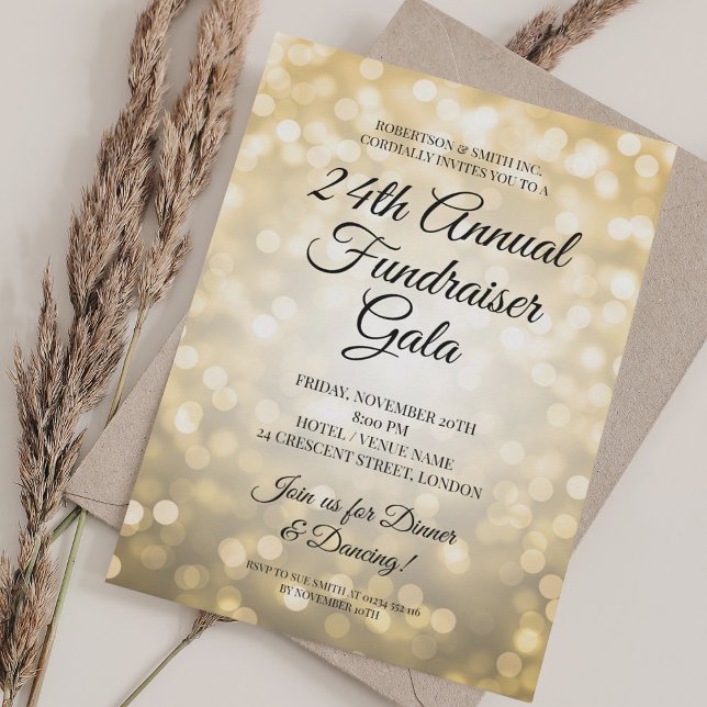 Invitation Soirée de levée de fonds d'entreprise formelle Lum (Formal Corporate Fundraiser Party Gold Lights Invitation)