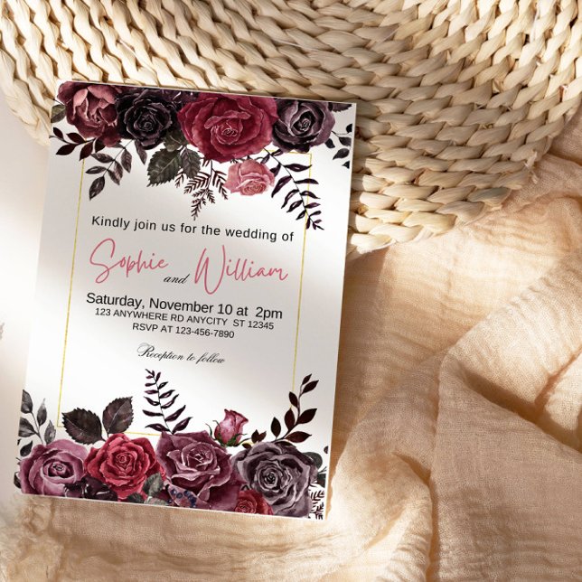 Invitation Soirée de mariage élégante aux roses noires et rou (Créateur téléchargé)