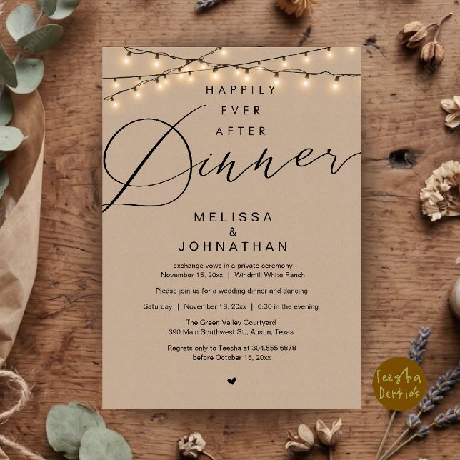 Invitation Soirée de Mariage Happily Ever After (Happily Ever After Dinner Wedding Elopement Party Invitation Card in String lights Brown Kraft)