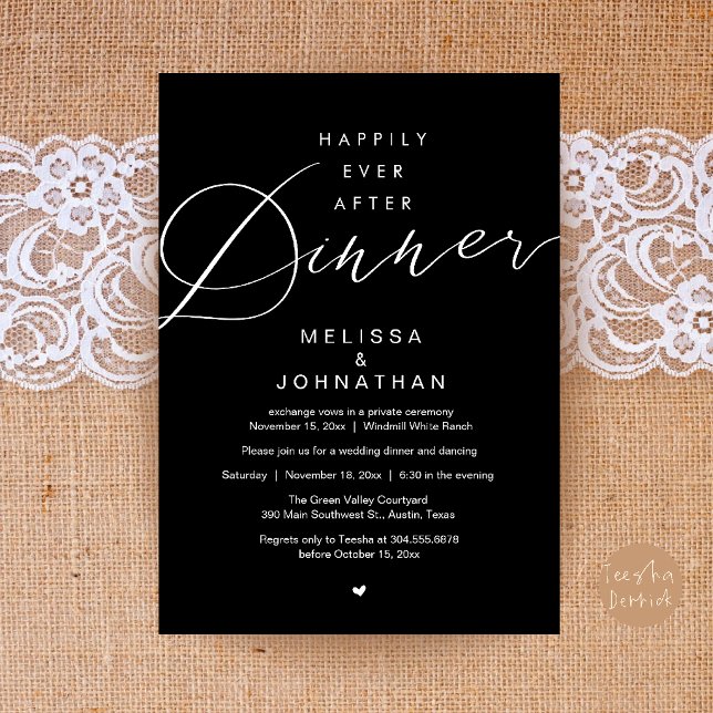 Invitation Soirée de Mariage Happily Ever After (Happily Ever After Dinner Wedding Elopement Party Invitation Card in White and Black)