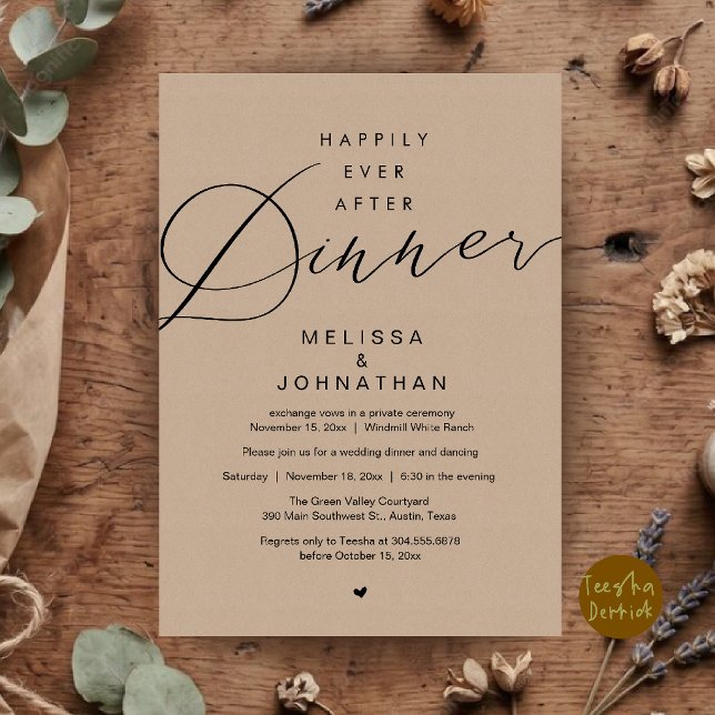 Invitation Soirée de Mariage Happily Ever After (Happily Ever After Dinner Wedding Elopement Party Invitation Card in Brown Kraft)
