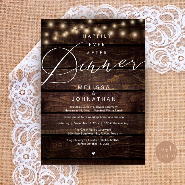 Invitation Soirée de Mariage Happily Ever After (Happily Ever After Dinner Wedding Elopement Party Invitation Card in String lights Dark Wood)