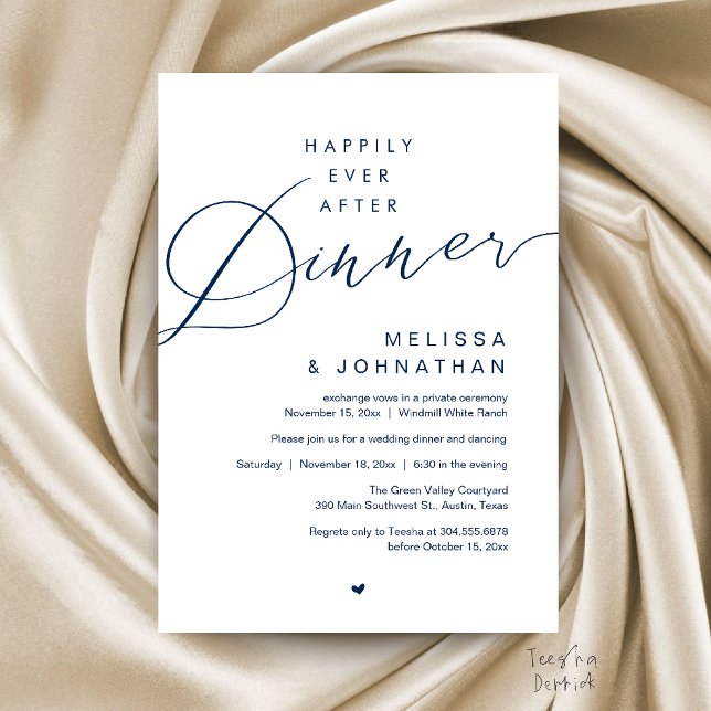 Invitation Soirée de Mariage Happily Ever After (Happily Ever After Dinner Wedding Elopement Party Invitation Card in Navy Blue)