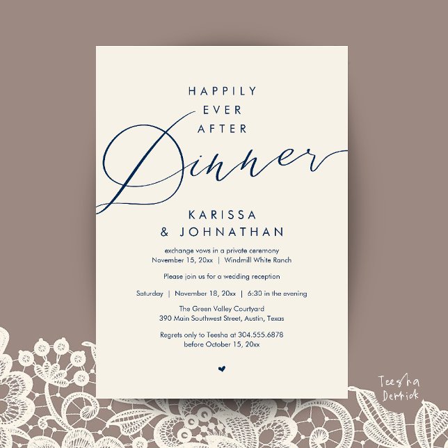 Invitation Soirée de Mariage Happily Ever After (Happily Ever After Dinner Wedding Elopement Party Invitation Card in Navy Blue and ivory)