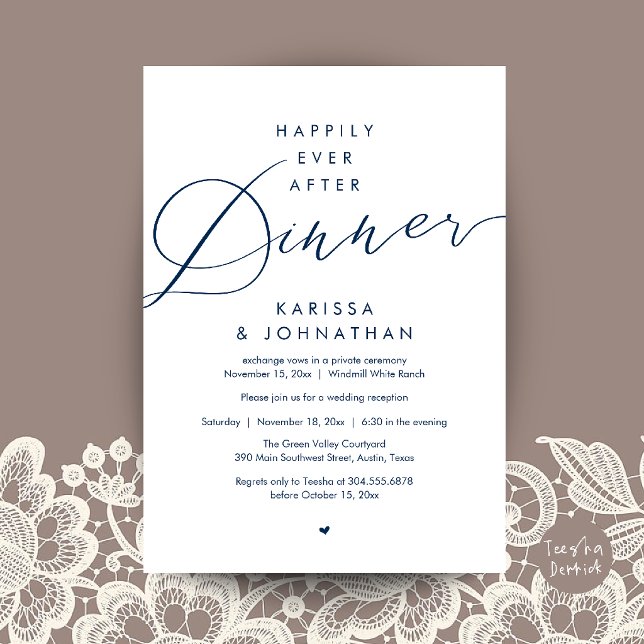 Invitation Soirée de Mariage Happily Ever After (Happily Ever After Dinner Wedding Elopement Party Invitation Card in navy blue)