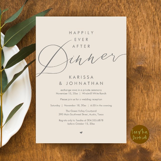 Invitation Soirée de Mariage Happily Ever After (Happily Ever After Dinner Wedding Elopement Party Invitation Card in Dark Grey and Cream)