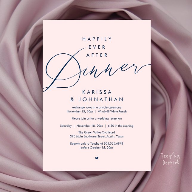 Invitation Soirée de Mariage Happily Ever After (Happily Ever After Dinner Wedding Elopement Party Invitation Card in Navy Blue and blush)