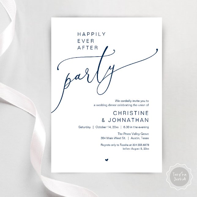 Invitation "Soirée de Mariage Heureux" Dîner de Mariage Moder ("Happily Ever After Party" Modern Wedding Dinner Invitation Card in navy Blue)