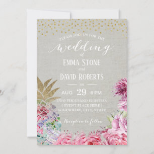 Invitation Soirée de mariage tropicale à l'ananas floral élég