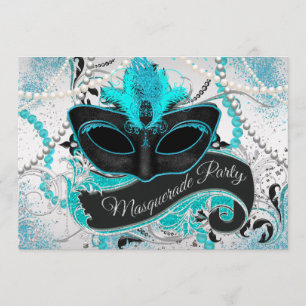 Invitation Soirée de Mascarade Argent et Bleu Canard