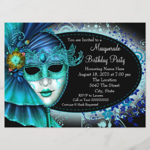 Invitation Soirée de Mascarade de Minuit Bleu Turquoise