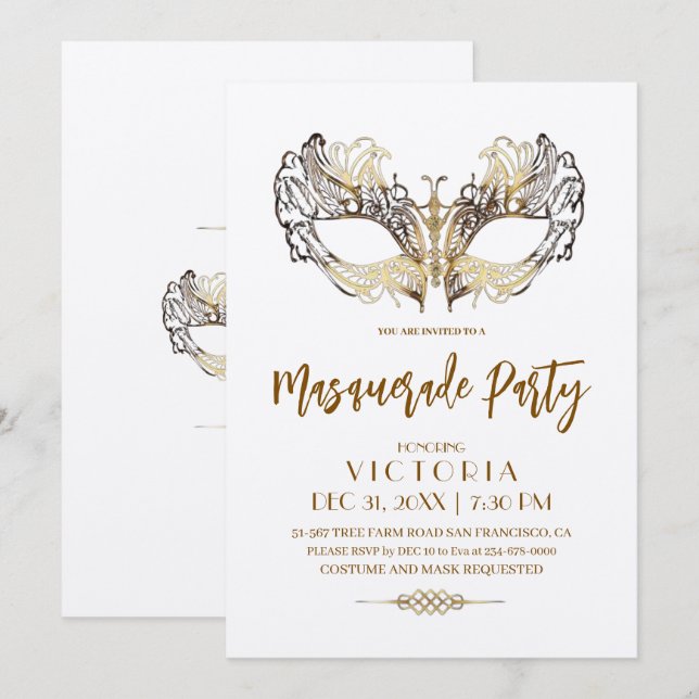 Invitation Soirée de mascarade d'or moderne et élégant Annive (Devant / Derrière)